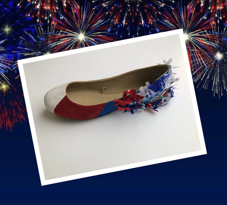 Fourth of July Women/'s Custom Red White /& Blue Firecracker Glitter Flats *Free U.S Shipping* JCo.Customs by Kitty Paws Shoes