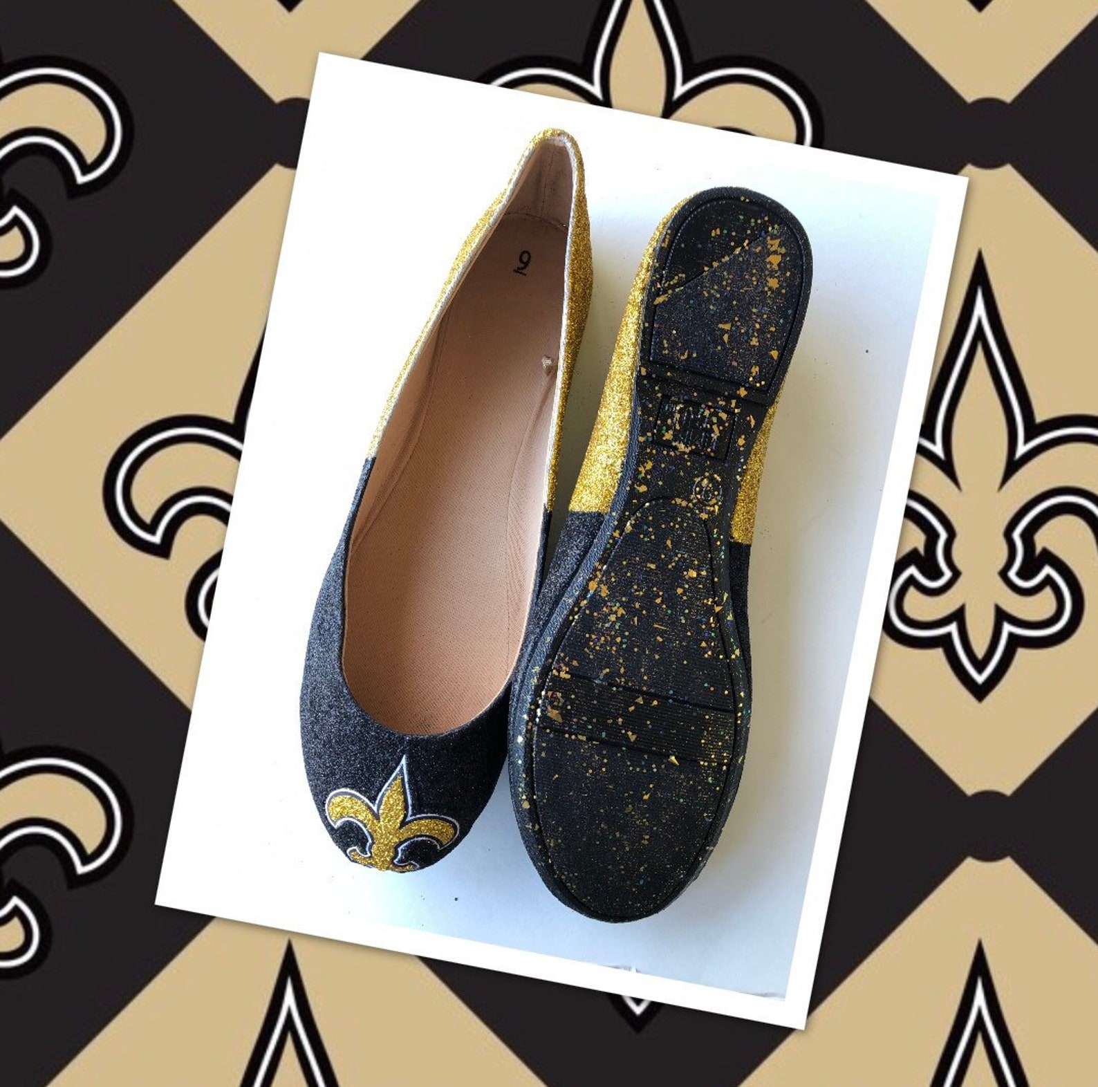 saints flats custom women's new orleans gold and black glitter fan ballet shoes *free u.s. shipping* jco.customs by kitty pa