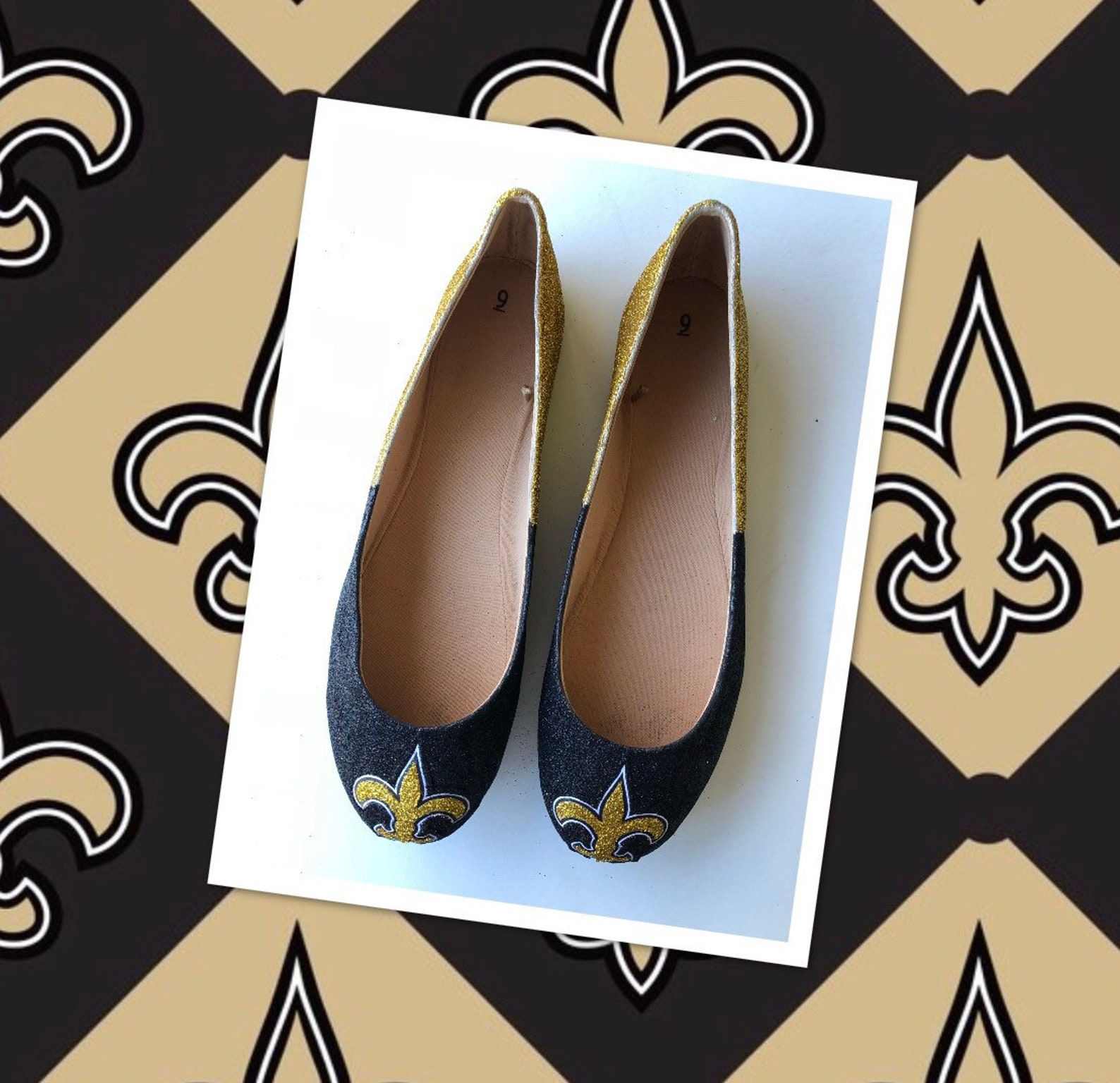 saints flats custom women's new orleans gold and black glitter fan ballet shoes *free u.s. shipping* jco.customs by kitty pa