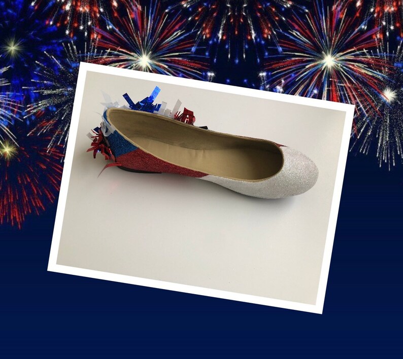 Fourth of July Women/'s Custom Red White /& Blue Firecracker Glitter Flats *Free U.S Shipping* JCo.Customs by Kitty Paws Shoes