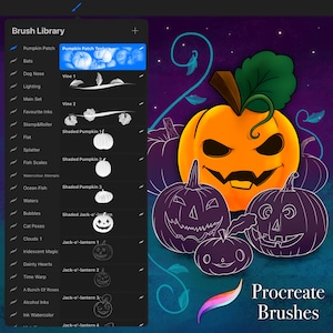 May include: A digital illustration of a Procreate brush library with a variety of brushes for drawing pumpkins and jack-o'-lanterns. The brushes are displayed in a sidebar with their names and previews. The main image shows a group of pumpkins with different facial expressions.
