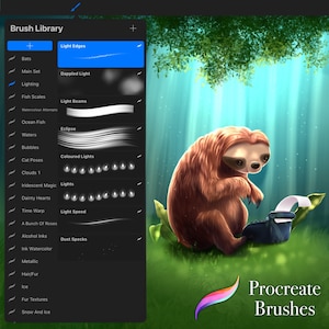 Puede incluir: Una ilustración digital de un perezoso usando una máquina de escribir, rodeado de un fondo de bosque verde y azul. La imagen está acompañada de una barra lateral que enumera varios pinceles de arte digital para la aplicación Procreate.
