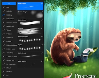 May include: A digital illustration of a sloth using a typewriter, surrounded by a green and blue forest background. The image is accompanied by a sidebar listing various digital art brushes for the Procreate app.