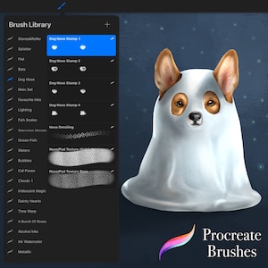 Pode incluir: Uma ilustração digital de um cão usando uma fantasia de fantasma. A imagem é uma biblioteca de pincéis Procreate com uma variedade de pincéis para arte digital, incluindo "Dog Nose Stamp 1", "Dog Nose Stamp 2", "Dog Nose Stamp 3", "Dog Nose Stamp 4", "Nose Detailing", "Nose/Pad Texture High" e "Nose/Pad Texture Base".