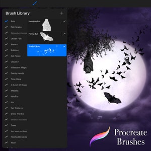 May include: A digital illustration of a night sky with a full moon and bats flying around it. The image is from the Procreate app and shows a list of brushes available for use in the app. The brushes include "Bats", "Hanging Bat", "Flying Bat", and "Trail of Bats".