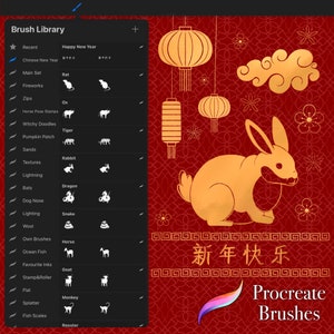 May include: Digital artwork with a gold rabbit, lanterns, and Chinese characters on a red background. The image includes the Chinese text for "Happy New Year" and the words "Procreate Brushes".