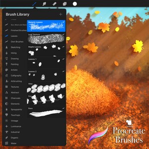 May include: A digital art app interface showing a library of Procreate brushes, including a variety of leaf brushes. The brushes are organized into categories such as Generic Leaves, Leaf Texture, Maple Leaves, Leaves 1, Leaves 2, Vine, Ivy, and Fern. The interface is dark gray with white text and icons. The background image shows a pile of autumn leaves.