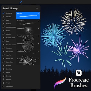 May include: A screenshot of a digital art app showing a list of brushes on the left side of the screen and a background image of fireworks on the right side of the screen. The brush list includes "Fireworks", "Ghosties", "Sparkler", "Rocket Smoke", "Feathers", "Iridescent Magic", "Blood", "Metallic", "Pumpkin Patch", "Bats", "Sun, Moon and Stars", "Favourites", "Fish Scales", "Hair/Fur", "Reptile Skin", "Ocean Fish", "Bubbles", "Sketching", "Inking", "Drawing", "Painting", "Artistic", and "Calligraphy". The background image shows four fireworks in the sky, one white, one blue, one green, and one purple.