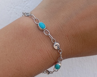Natural turquoise bracelet. 925 sterling silver. Solid link bracelet, handcrafted from 100% natural turquoise. Crescent moon bracelet. Boho