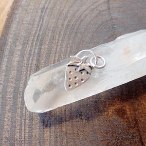 Puede incluir: Un dije de fresa plateada con un lazo para un collar o pulsera. El dije tiene un diseño detallado con pequeños agujeros y una parte superior texturizada. El dije está sobre un cristal transparente contra un fondo de madera.