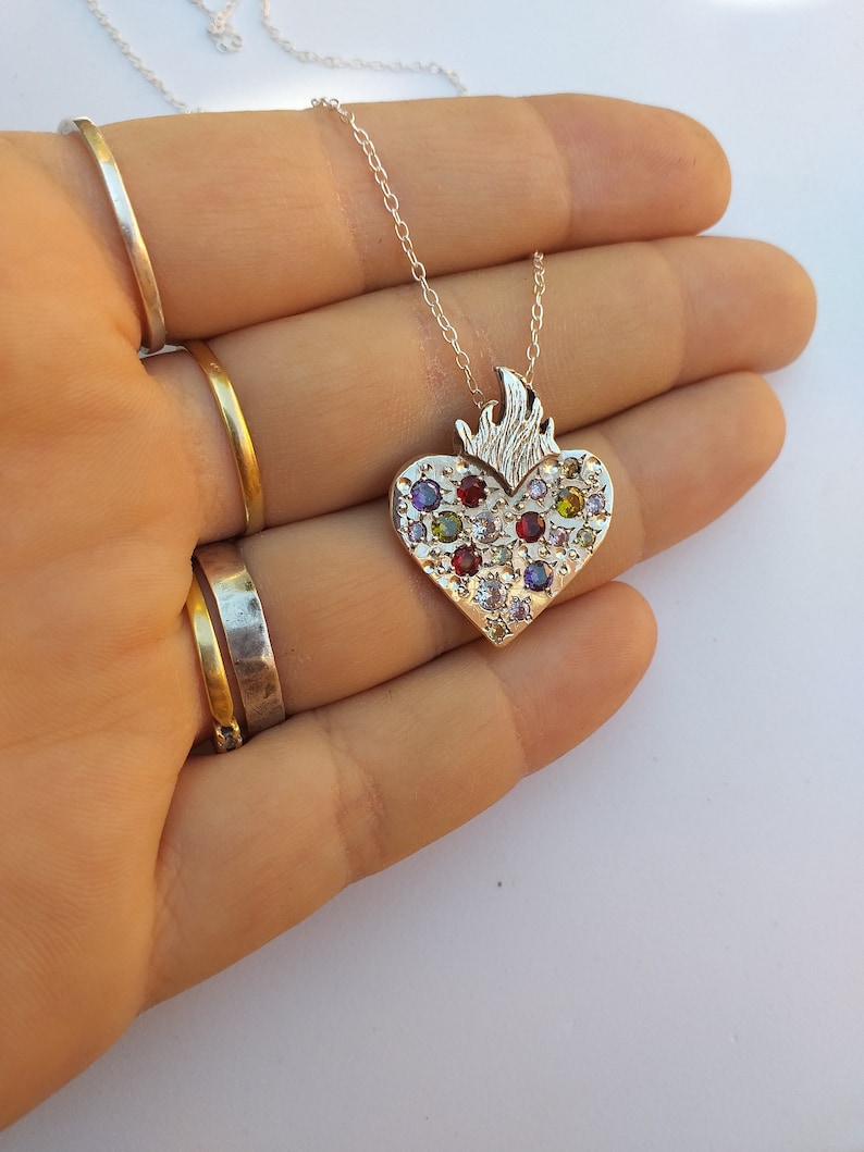 Solid Sacred Heart with multicolored zircons Trap heart Heart tattoos Big solid heart choker with multicolored stones