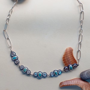 Sterling silver turquoise choker. Handcrafted solid link chain. Striking silver choker with natural turquoise.