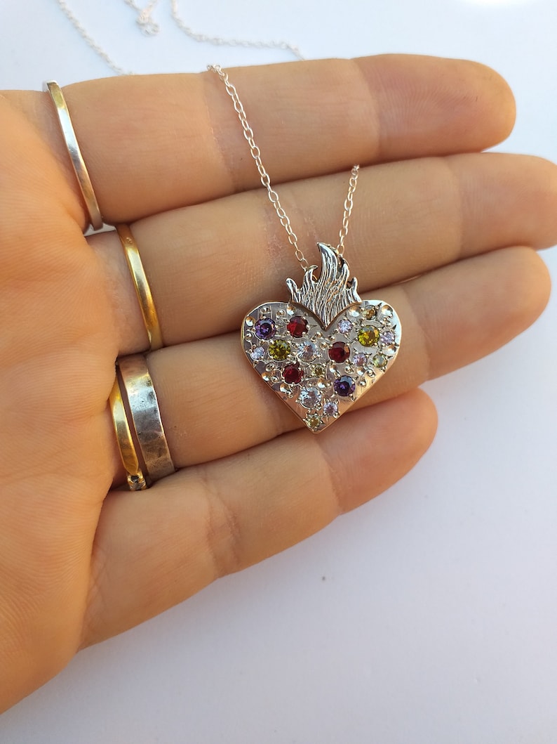 Solid Sacred Heart with multicolored zircons Trap heart Heart tattoos Big solid heart choker with multicolored stones