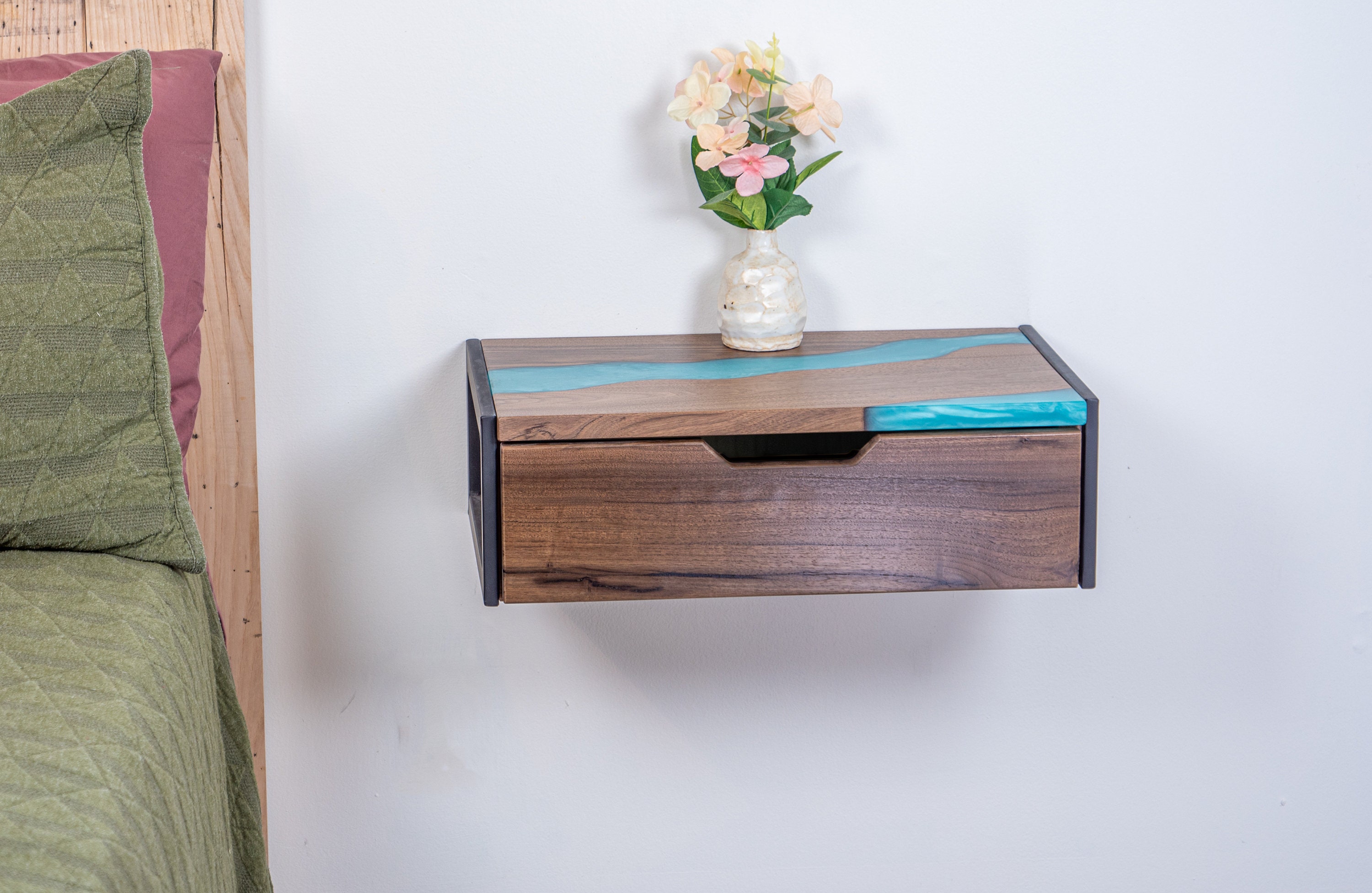 Floating Epoxy Walnut Nightstand With Drawer Minimal Drawer Etsy