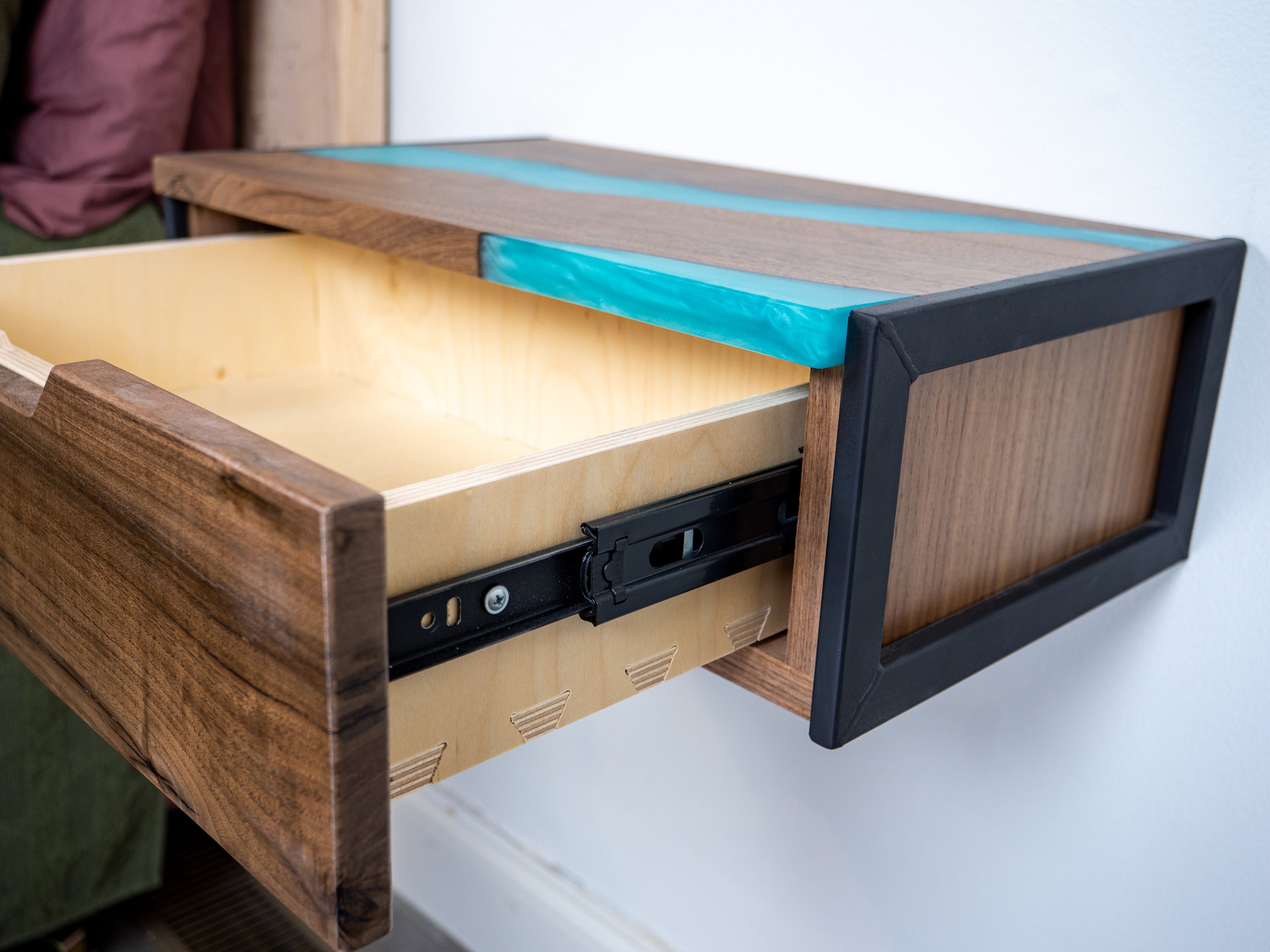 Floating Epoxy Walnut Nightstand With Drawer Minimal Drawer Etsy