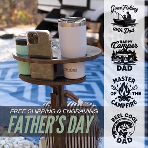 Portable Beer Table | Camping Cup Holder, Phone Slot, Engraved Gift