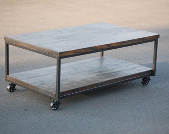 Rustic Industrial Coffee Table with Caster Wheels FREE SHIPPING