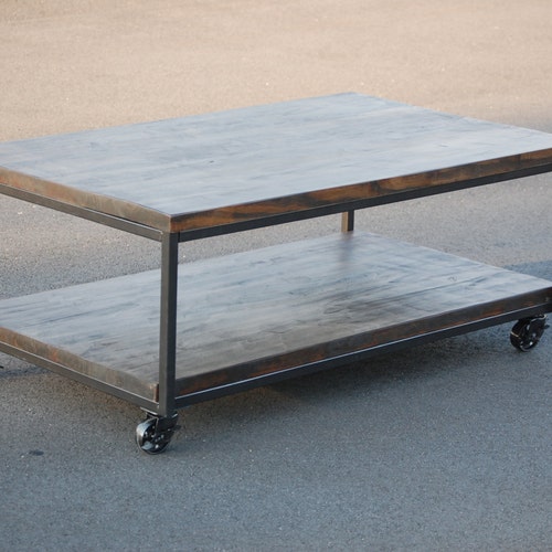 Rustic Industrial Coffee Table With Caster Wheels FREE Etsy