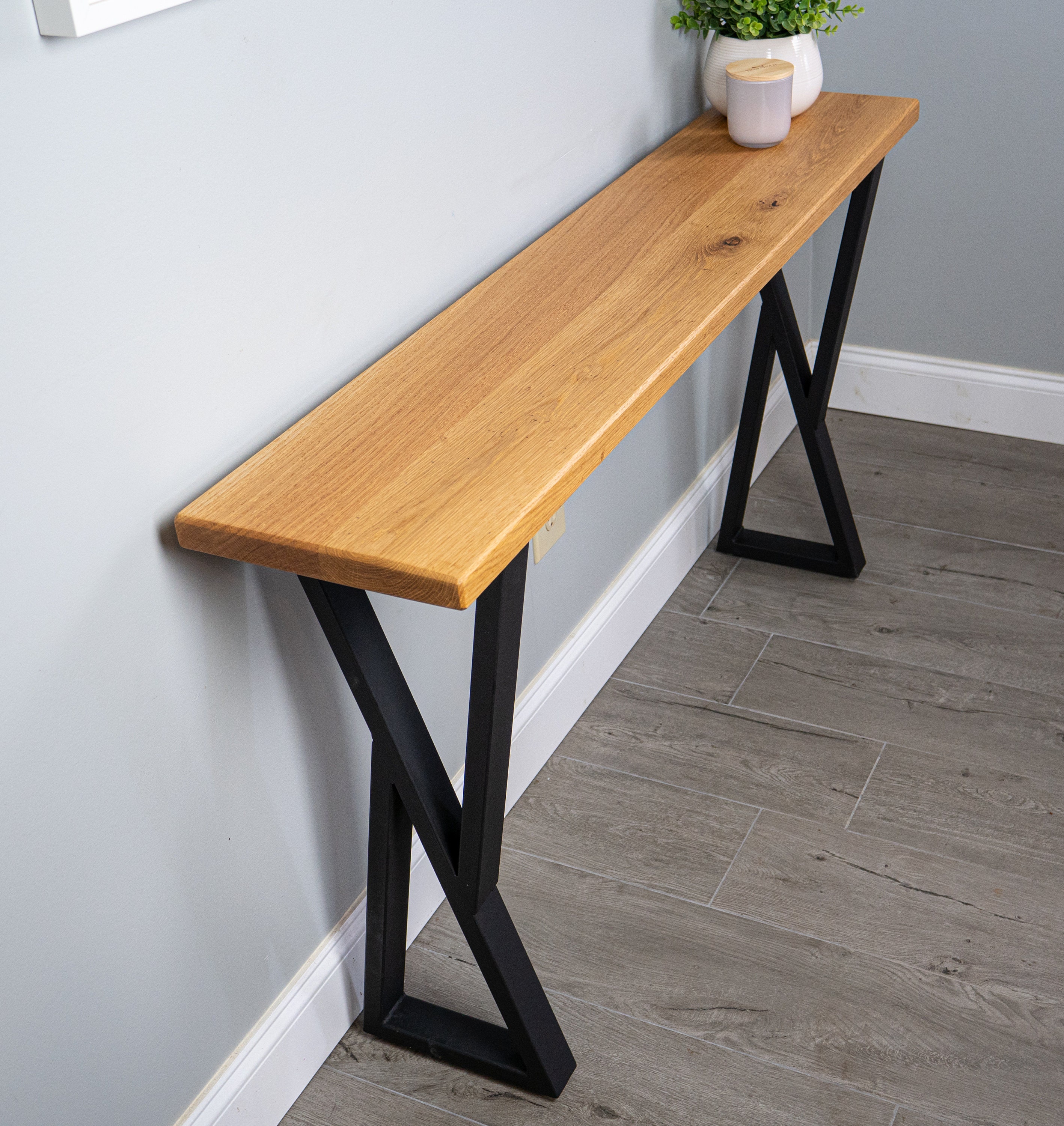 Customizable Modern White Oak Console Table With Metal Base