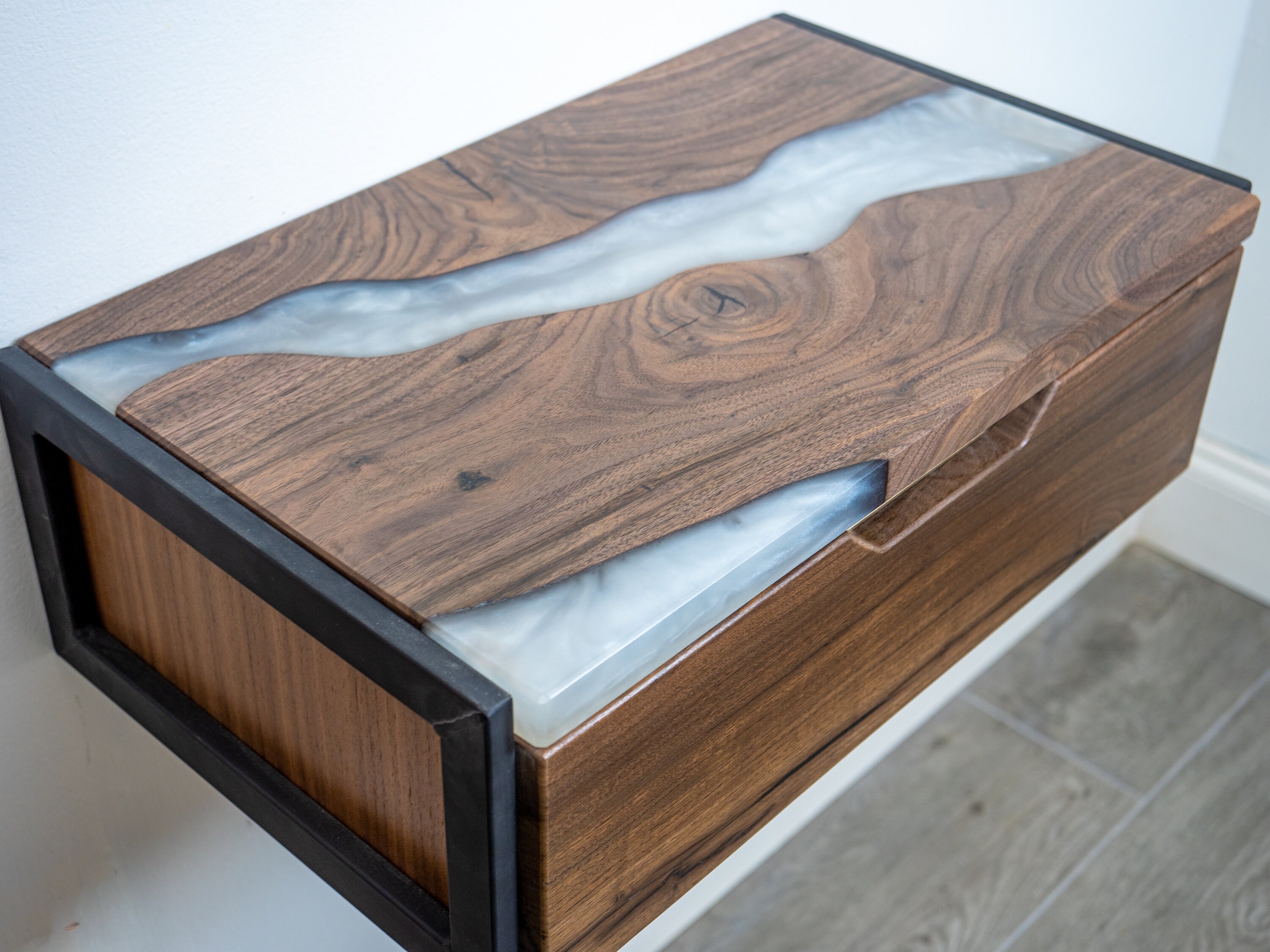 Floating Epoxy Walnut Nightstand With Drawer Minimal Drawer Etsy