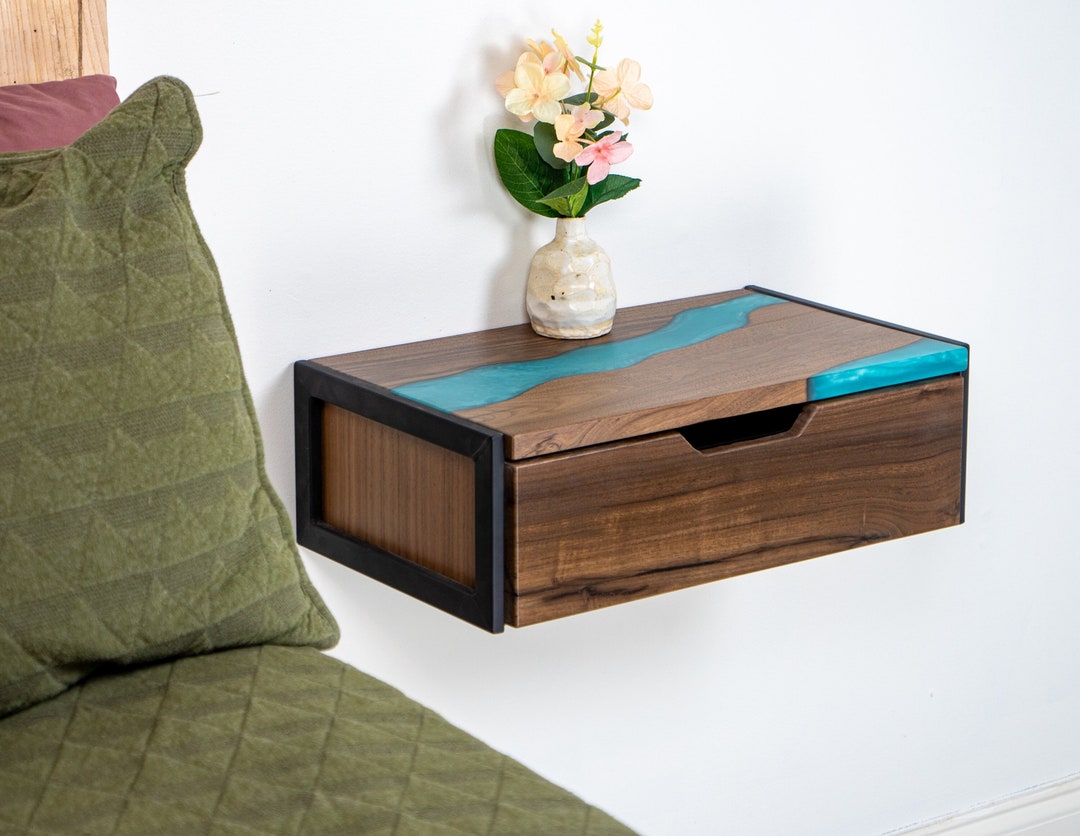 Floating Epoxy Walnut Nightstand With Drawer Minimal Drawer Etsy