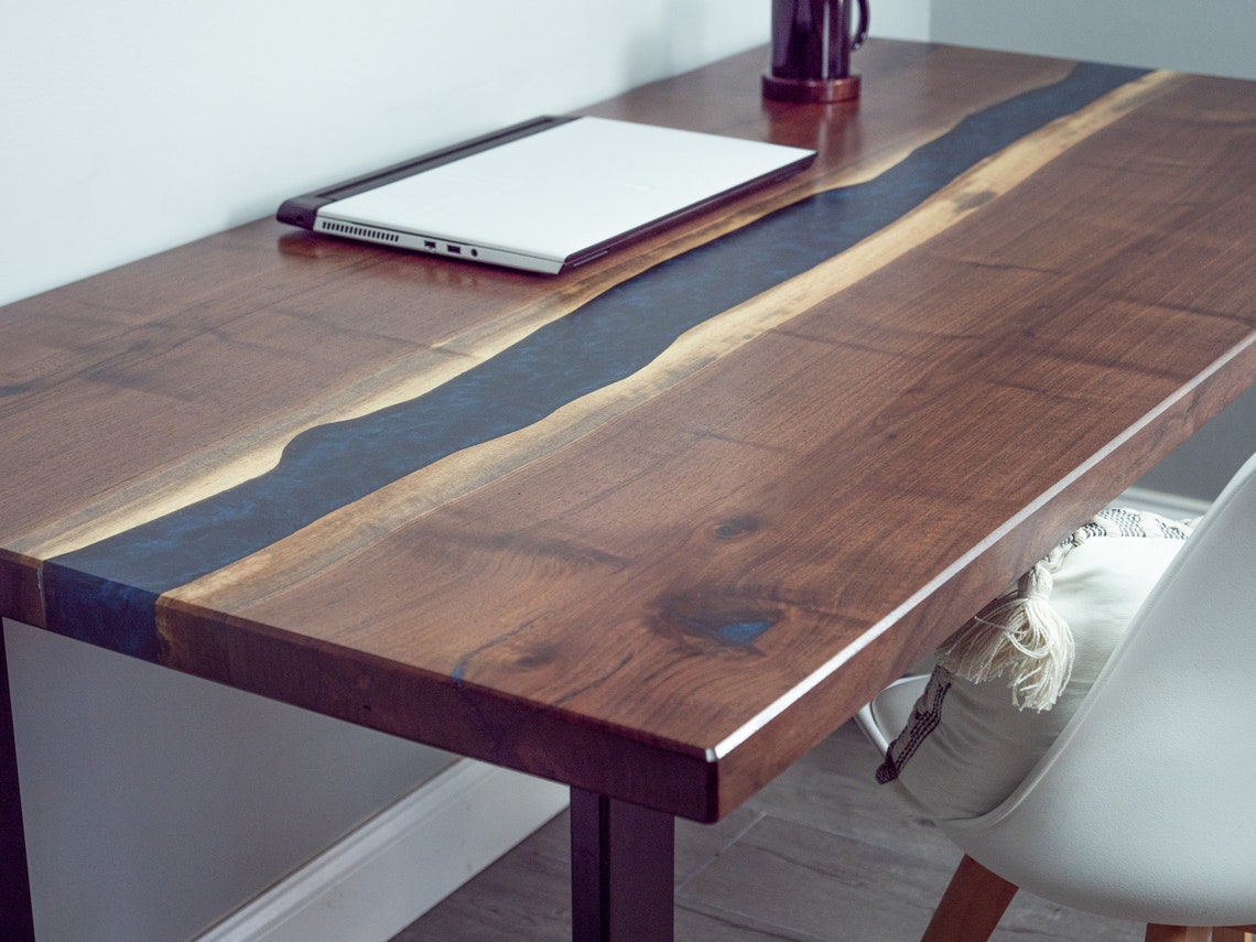 Live Edge Black Walnut Epoxy River Desk With Metal Legs Etsy