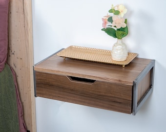 Floating Walnut Nightstand || Minimal Drawer End Table || Wooden Modern Bedside Table  **Free Shipping**Made to Order*