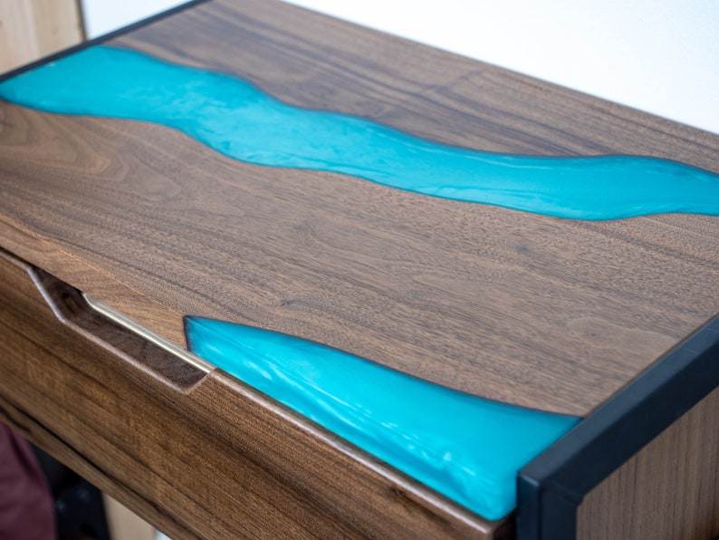Floating Epoxy Walnut Nightstand With Drawer Minimal Drawer Etsy