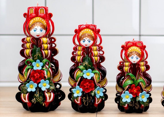 Red Carved Candles Nesting Dolls Christmas Candles Home Etsy