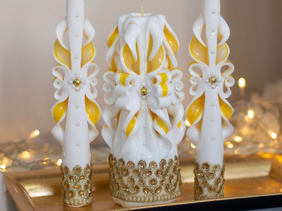 Unity Candle Set White Yellow Gold With Lace Wedding Etsy