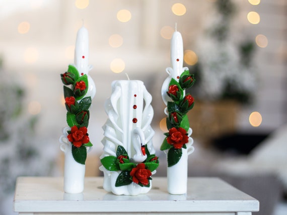 White /& Red GORGEOUS CARVED Wedding Unity Candle SET SALE!