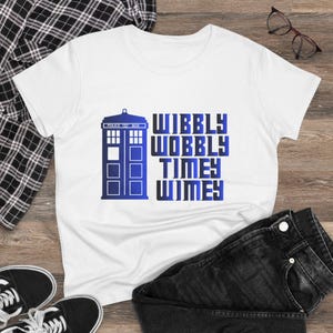 Whimsical Wibbly Wobbly Timey Wimey Tee, Women&#39;s Graphic Shirt, Doctor Who Inspired Gift, Fun Casual Wear, Science Fiction Tee