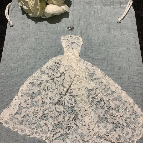 Bridal Money bag - Bridal corded white lace dress over cotton blue fabric