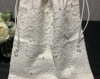 Bridal Money bag - Bridal white corded lace over cotton cream liner