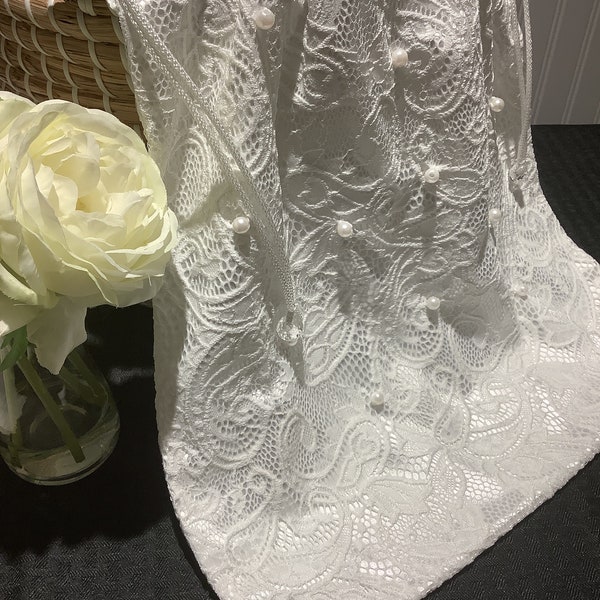 Bridal Money bag - Bridal white corded lace over white silk liner