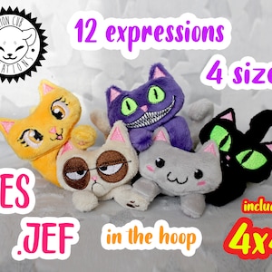 ぬいぐるみの猫のパターン 愛らしい小さなかわいい子猫 pes jef ITH In The Hoop 刺繍機 デザイン 12 の表情 3 サイズ 不機嫌なチェシール