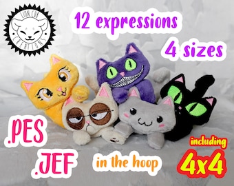 plush plushie cat pattern adorable tiny cute kitty 12 expressions 3 sizes ith in the hoop embroidery machine design pes jef grumpy chesire