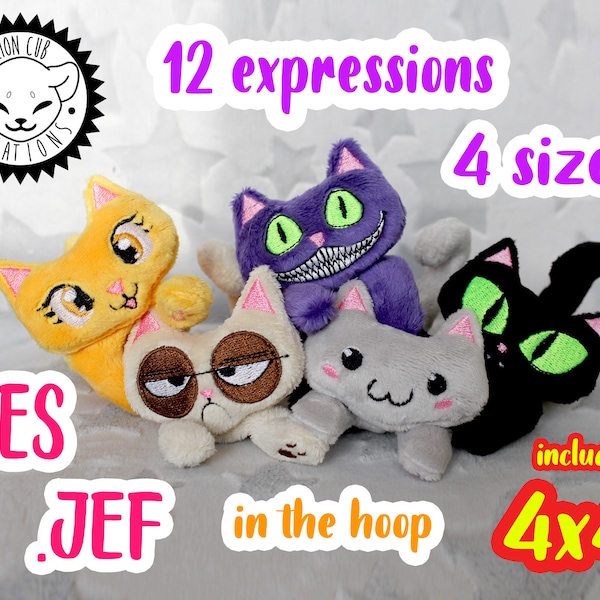 plush plushie cat pattern adorable tiny cute kitty pes jef ITH In The Hoop embroidery machine design 12 expressions 3 sizes grumpy chesire