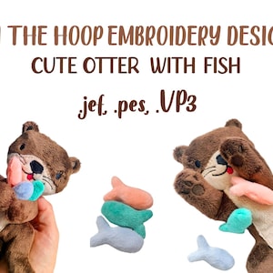 Loutre mignonne avec poisson pes jef vp3 ITH dans le cerceau conception de machine à broder peluche motif de couture adorable