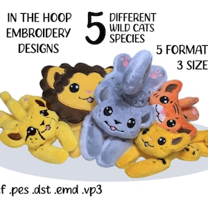 ワイルドキャッツ、ライオン、チーター、ユキヒョウ、トラ、pes jef dst emd vp3 ITH In The Hoop 刺繍機デザイン、ぬいぐるみ、縫製パターン