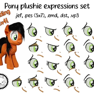May include: A set of 16 embroidery designs for a pony plushie. The designs include different eye expressions, including happy, sad, surprised, and angry. The designs are available in .jef, .pes, .emd, .dst, and .vp3 formats. The text "including 4x4!" is also included in the image.