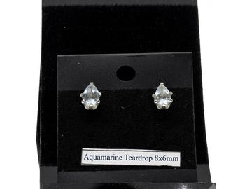 Sterling Silver 8x6mm Teardrop Aquamarine Stud Earrings, Genuine Gemstone Studs, Handmade Silver Earrings, Minimalist Birthstone Jewelry