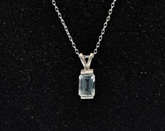 Rectangle Shaped 3x5 Aquamarine Pendant (March Birthstone) with Adjustable 18in Sterling Silver Chain Necklace