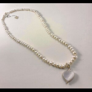 Natural Cream Freshwater Pearl Necklace with Mother of Pearl Heart Pendant and Beige Swarovski Crystal Accents- Great Jewelry Gift!