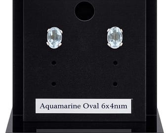Sterling Silver 6x4mm Oval Aquamarine Stud Earrings, Genuine Oval Gemstone Studs, Handmade Silver Earrings, Minimalist Birthstone Jewelry
