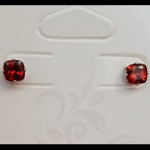 GarnetCushionSqEar5mm1A - Garnet 5mm (January Birthstone) Square Cushion Stud Earrings w/ Sterling Silver Posts & Sterling Silver Pushbacks.