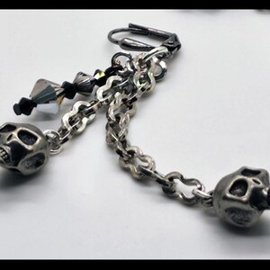 Hand Beaded Steel Skull Earrings with Gunmetal Plated Chains and Silver Accents - Halloween Earrings! Skull Earrings! Holiday Earrings!