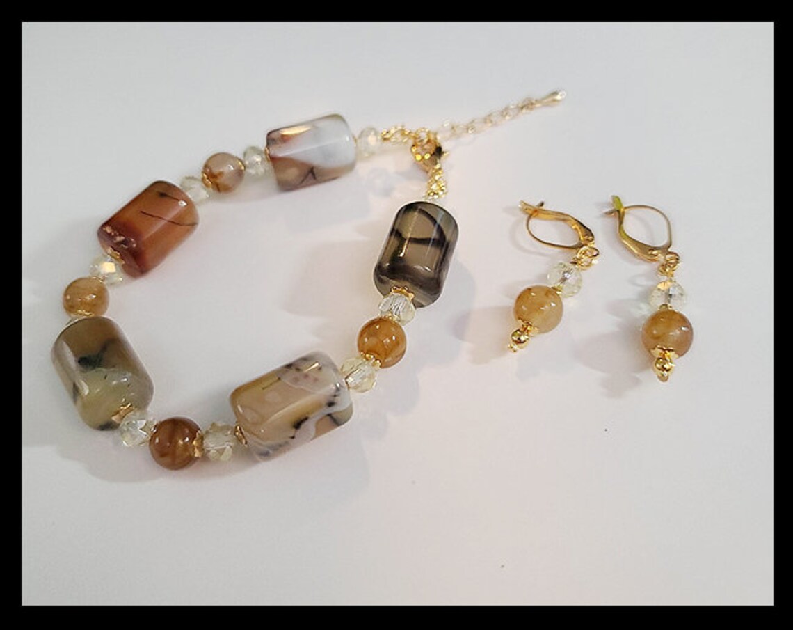 Hand Beaded Earth Tone Stone Like Glass Bracelet and Earring Set With