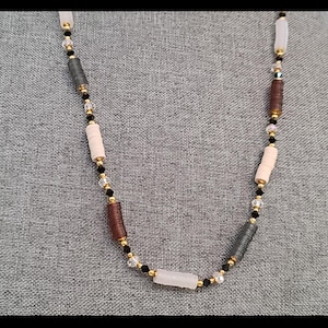 Clear, Cream, Wine Red, and Green Tone Puka Style Necklace with Rondelle Crystal Accents and Gold Plated Brass Findings