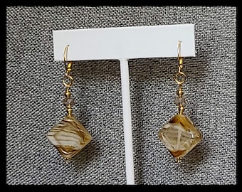 Brown and Cream Swirled Square Resin Earrings with gold plated accents and gold plated leverbacks